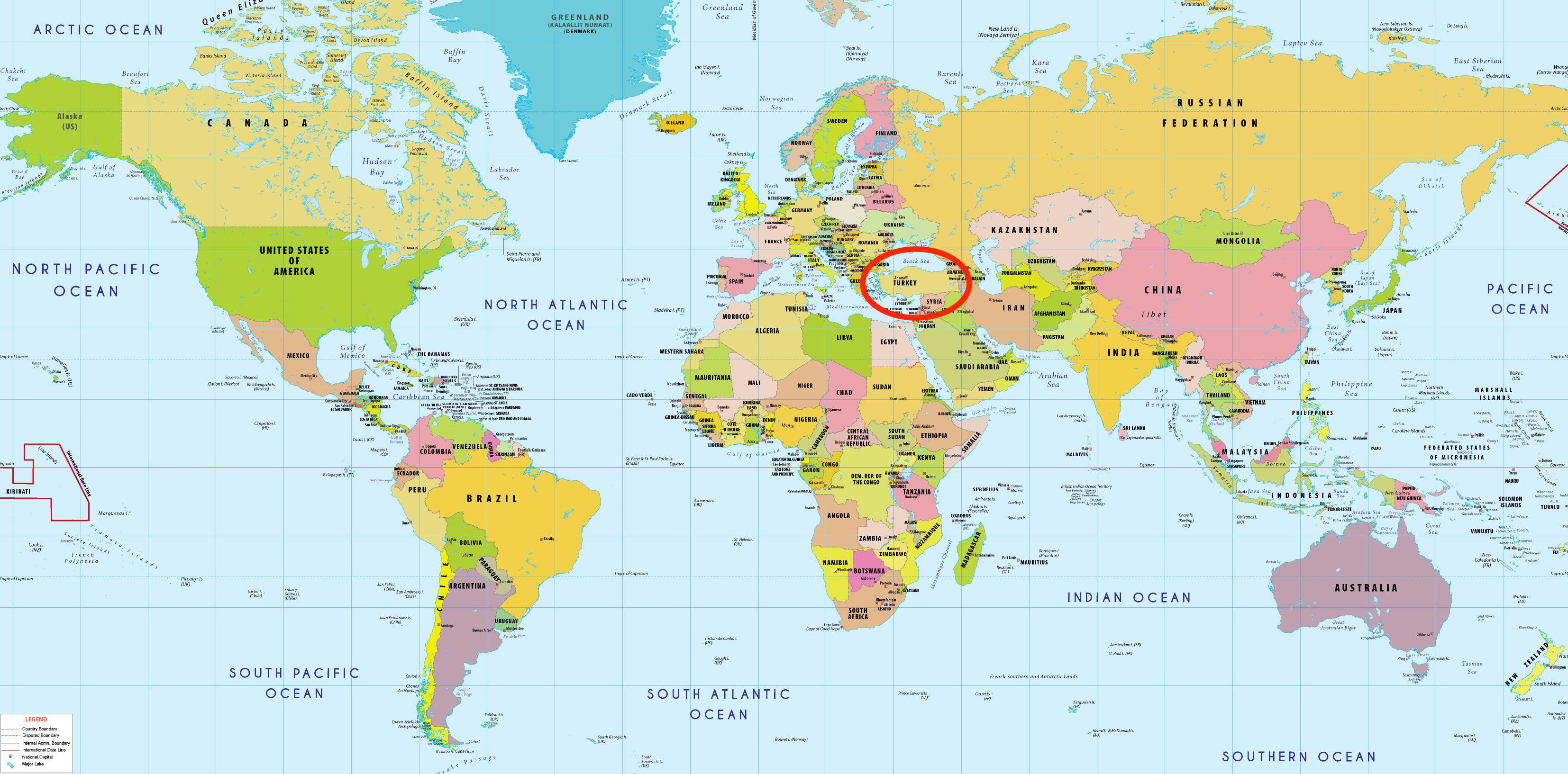 土耳其在世界地图--世界地图，显示土耳其(西亚-亚洲)
