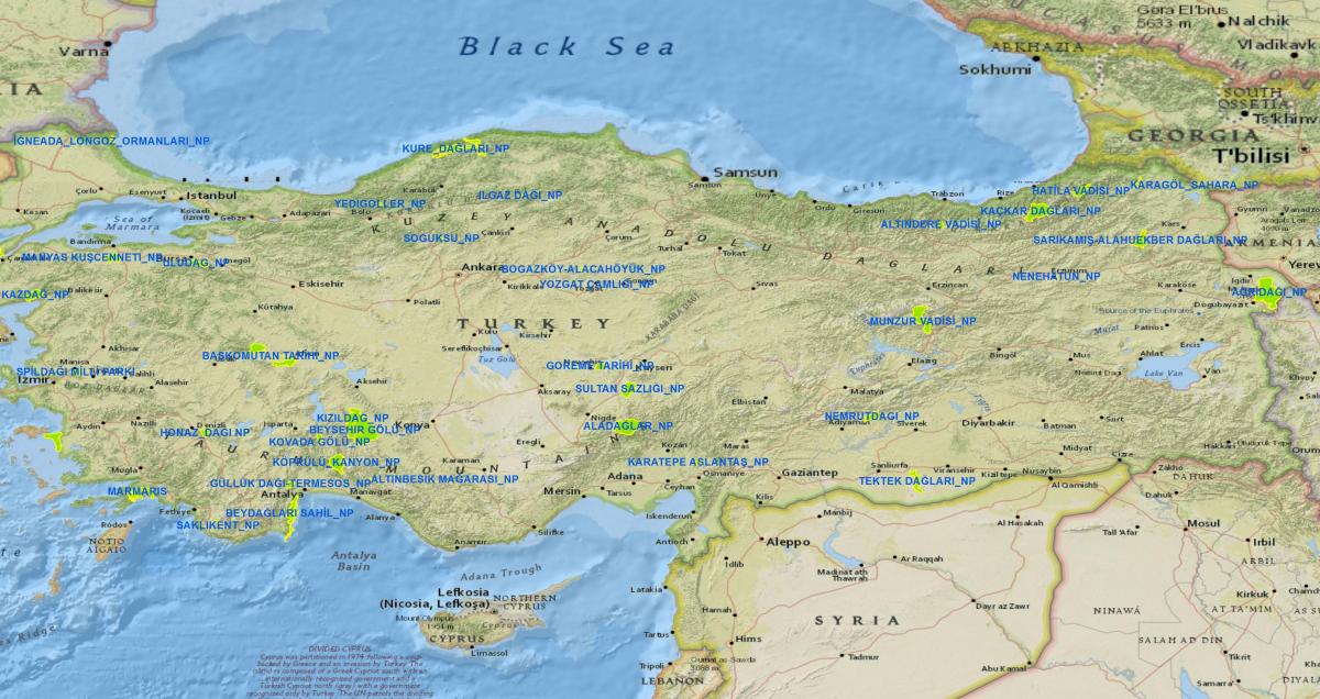 地图上的土耳其国家公园